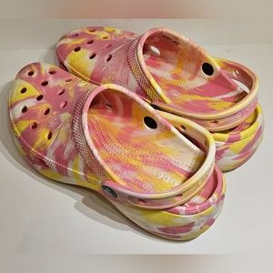 Womens platform pink and yellow tiedye crocs size 8